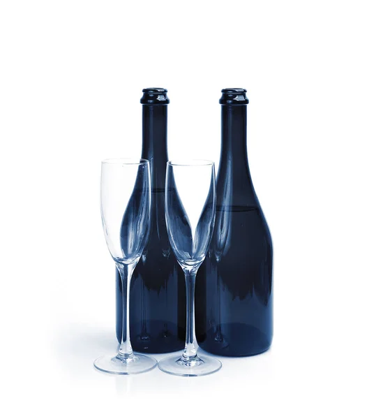 Bottiglie Champagne Bicchieri Vuoti — Foto Stock