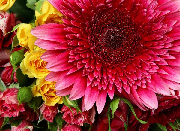 Flor rosa e rosas amarelas — Fotografia de Stock