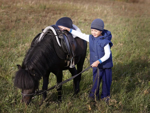 Jongen grazen pony op het gras — Stockfoto