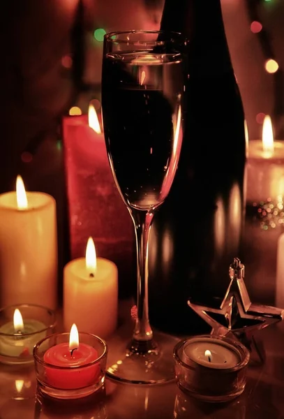 Champagne Burning Candles Christmas Decorations — Stock Photo, Image