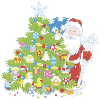 Noel Baba hediye çantası ve dekore edilmiş bir Noel ağacı, beyaz bir arka plan üzerinde bir karikatür tarzı resimde vektör arkasından bakan büyülü bir personel ile