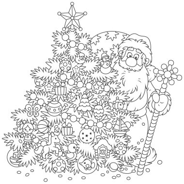 Noel Baba hediye çantası ve bir boyama kitabı için bir karikatür tarzında dekore edilmiş Noel ağacı, siyah ve beyaz vektör çizim arkasından bakan büyülü bir personel ile