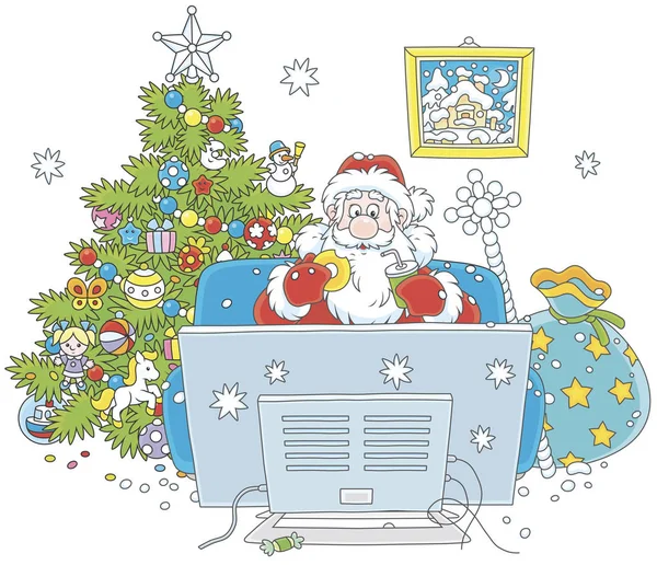 Santa Claus Sentado Sofá Viendo Televisión Cerca Árbol Navidad Decorado — Vector de stock