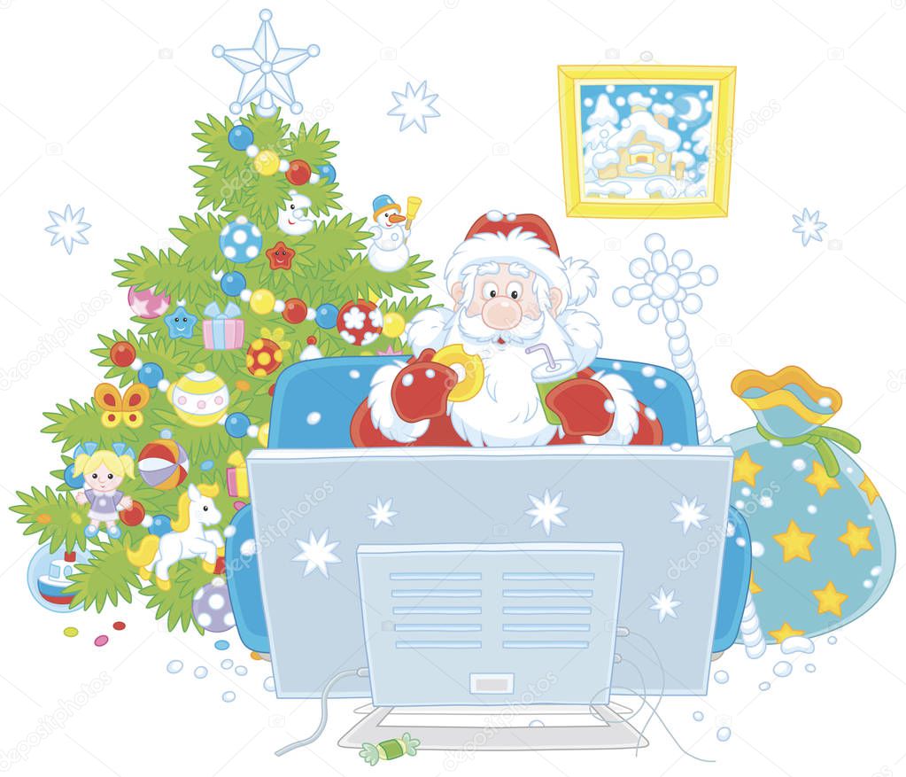Santa Claus sitting on his sofa and watching TV near a decorated Christmas tree and a big bag of gifts, vector illustration in a cartoon style, on a white background