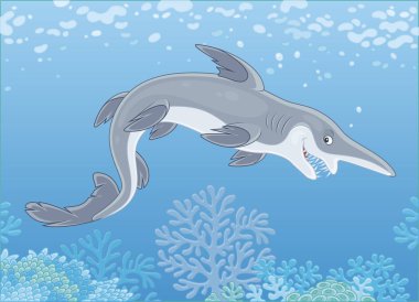 Scary deep-see goblin shark with an insidious smile swimming deep in a sea, vector illustration in a cartoon style clipart