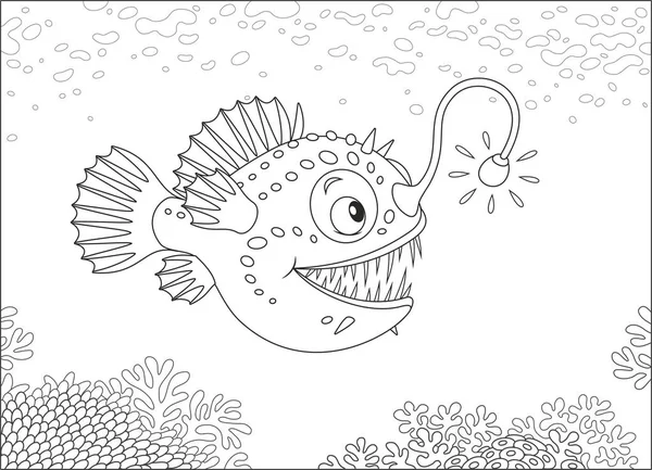 Anglerfish Caza Profundo Mar Ilustración Vectorial Blanco Negro Estilo Dibujos — Vector de stock