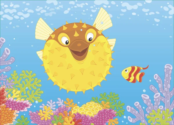 异国情调的河豚和小 Butterflyfish 在热带海礁上的五颜六色珊瑚中游泳 卡通风格的矢量插画 — 图库矢量图片