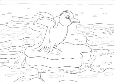 Komik Antarktika penguen karikatür tarzı bir boyama kitabı için bir siyah beyaz kutup deniz vektör çizimde sürüklenen bir buz parçası üzerinde