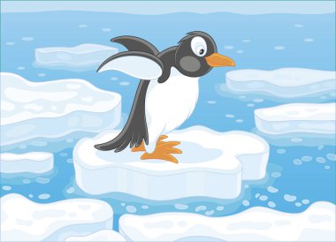 Vektör çizim karikatür tarzı bir kutup denizde sürüklenen bir buz parçası üzerinde komik Antarktika pengueni