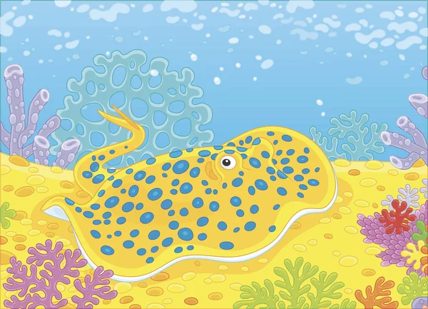 熱帯の海 漫画スタイルのベクトル図の下部にサンゴの中で青斑点アカエイ — ストックベクタ