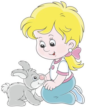 Küçük gri tavşanının vektör çizim karikatür tarzı ile oynarken küçük gülümseyen kız