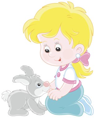 Küçük gri tavşanının vektör çizim karikatür tarzı ile oynarken küçük gülümseyen kız