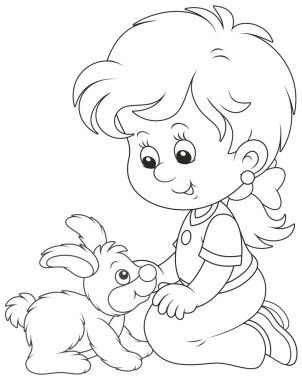 Onun küçük tavşan, siyah ve beyaz vektör çizim karikatür tarzı bir boyama kitabı için oynamaktan biraz gülümseyen kız