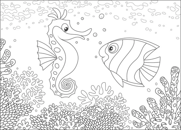 stock vector Exotic seahorse and a butterflyfish swimming among corals on a reef in a tropical sea, black and white vector illustration in a cartoon style for a coloring book