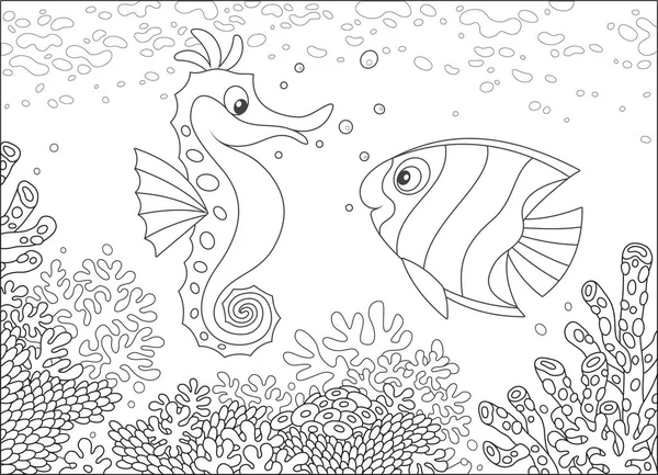 Stock vector Exotic seahorse and a butterflyfish swimming among corals on a reef in a tropical sea, black and white vector illustration in a cartoon style for a coloring book