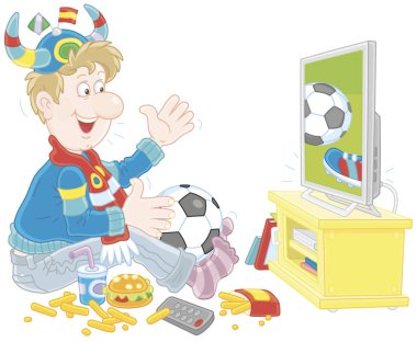 Futbol meraklısı bir top, bir boynuz şapka ve bir futbol illüstrasyon karikatür tarzı vektör, televizyonda maç izlerken bir eşarp