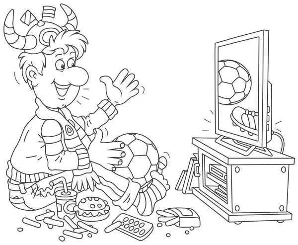Soccer fan with a ball, a horn hat and a scarf watching a football match on television, black and white vector illustration in a cartoon style
