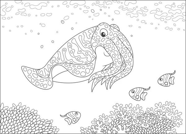 イカと熱帯の海 黒と白でサンゴ礁のサンゴの上に泳いで小さな Butterfyfishes ベクトル塗り絵の漫画スタイルのイラスト — ストックベクタ