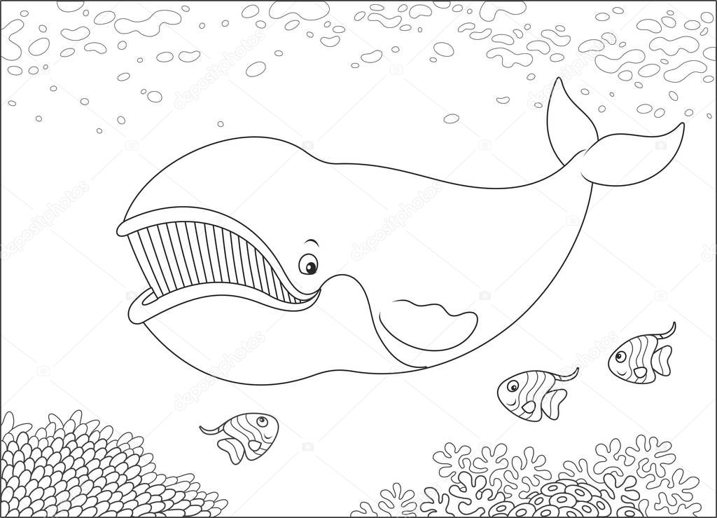 Bowhead whale swimming with funny small fishes near a reef, black and white vector illustration for a coloring book
