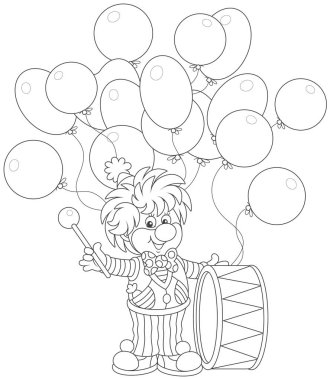 Funny circus clown beating his drum, black and white vector illustration in a cartoon style for a coloring book clipart