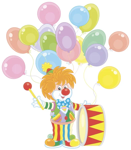 Grappige Circus Clown Gewonnen Van Zijn Kleurrijke Trommel Vectorillustratie Een — Stockvector