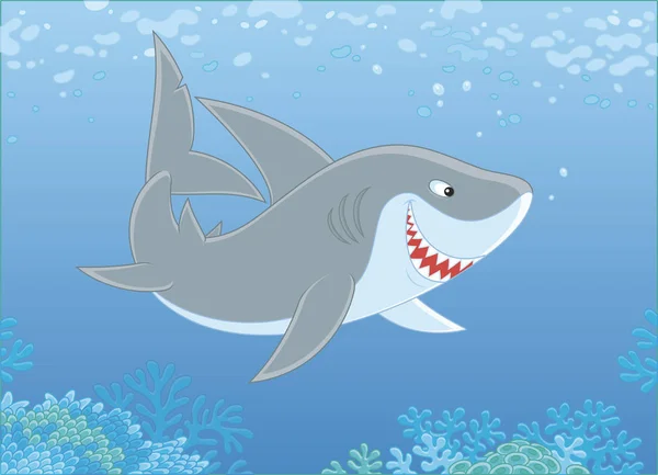 灰礁鲨在热带海域的蓝水中游过珊瑚礁 卡通风格的矢量插画 — 图库矢量图片