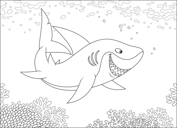 灰礁鲨在热带海的珊瑚礁上游泳 黑白的矢量插图 彩色书的卡通风格 — 图库矢量图片