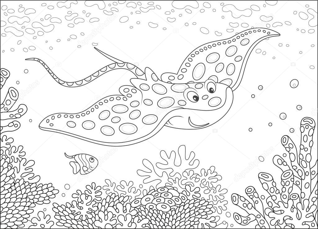 Big spotted ray and a small striped butterfly fish swimming over a coral reef in a tropical sea, black and white vector illustration in a cartoon style for a coloring book