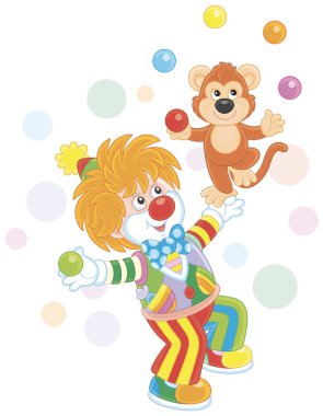Funny circus clown with his small monkey juggling with color balls, vector illustration in a cartoon style clipart