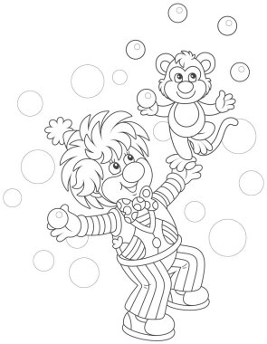 Funny circus clown with his small monkey juggling with balls, black and white vector illustration in a cartoon style for a coloring book clipart