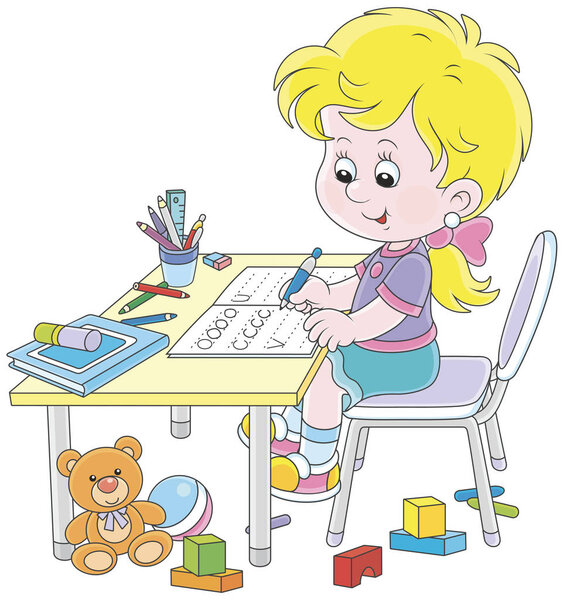 Маленькая девочка делает домашнее задание в тетрадке с образцами письма, векторной иллюстрацией в стиле мультфильма
