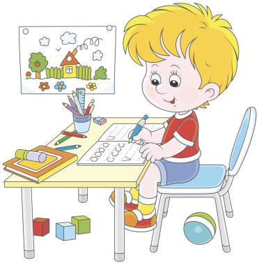 Küçük çocuk onun ödev örnekleri yazma, vektör çizim karikatür tarzı ile bir egzersiz kitabı