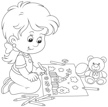 Küçük kız komik yaz resim siyah beyaz vektör çizim karikatür tarzı bir boyama kitabı için küçük bir ev ve çiçek, kalem ile çizim