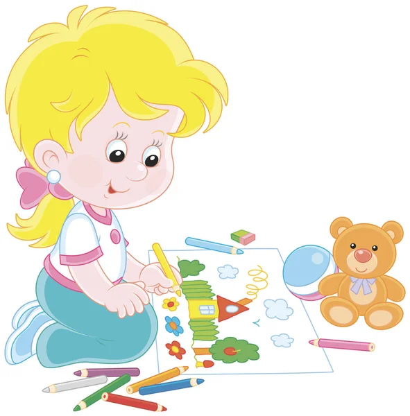 Küçük kız renkli kalemler ile küçük bir ev ve çiçekler, komik yaz resmini çizim vektör çizim karikatür tarzı