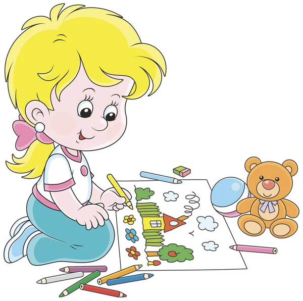 Mała Dziewczynka Rysunek Kredki Obraz Letnich Zabawny Mały Dom Kwiaty — Wektor stockowy