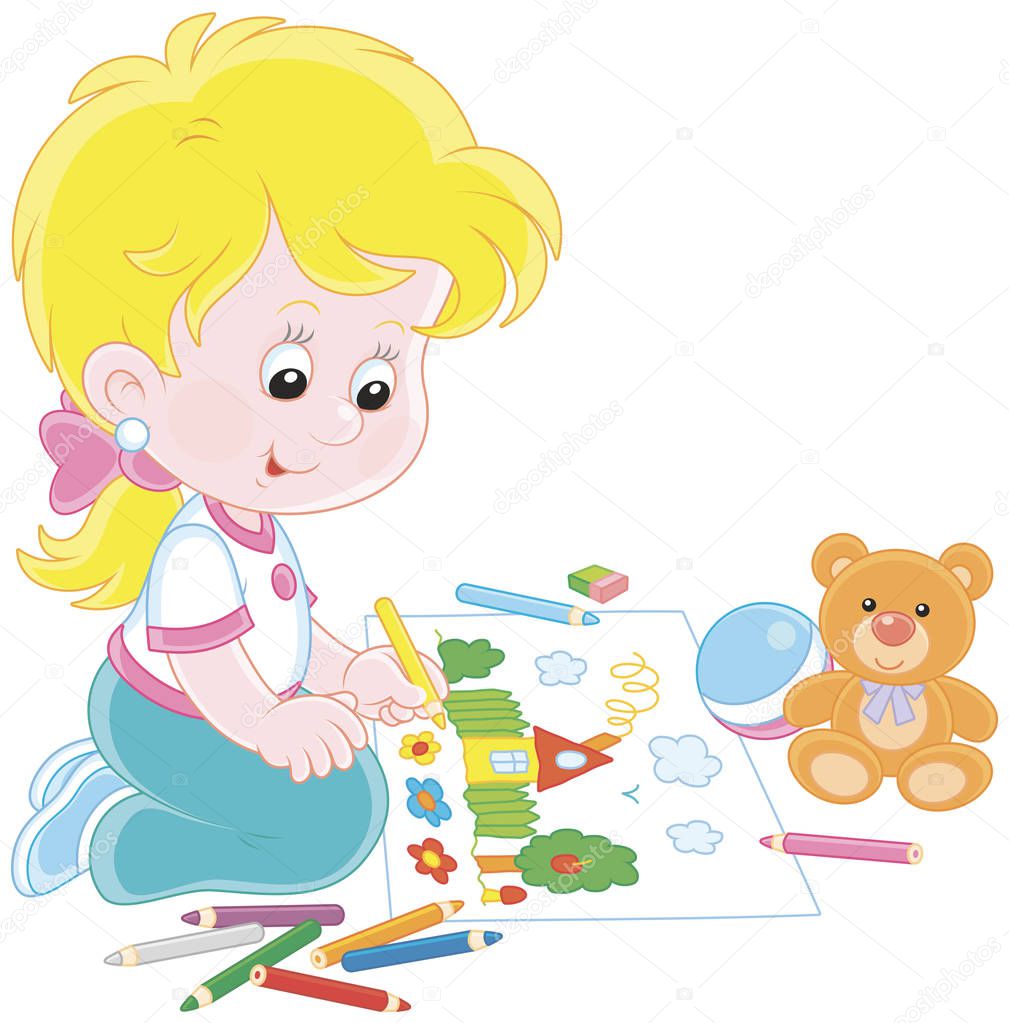 Little girl drawing with color pencils a funny summer picture of a small house and flowers, vector illustration in a cartoon style