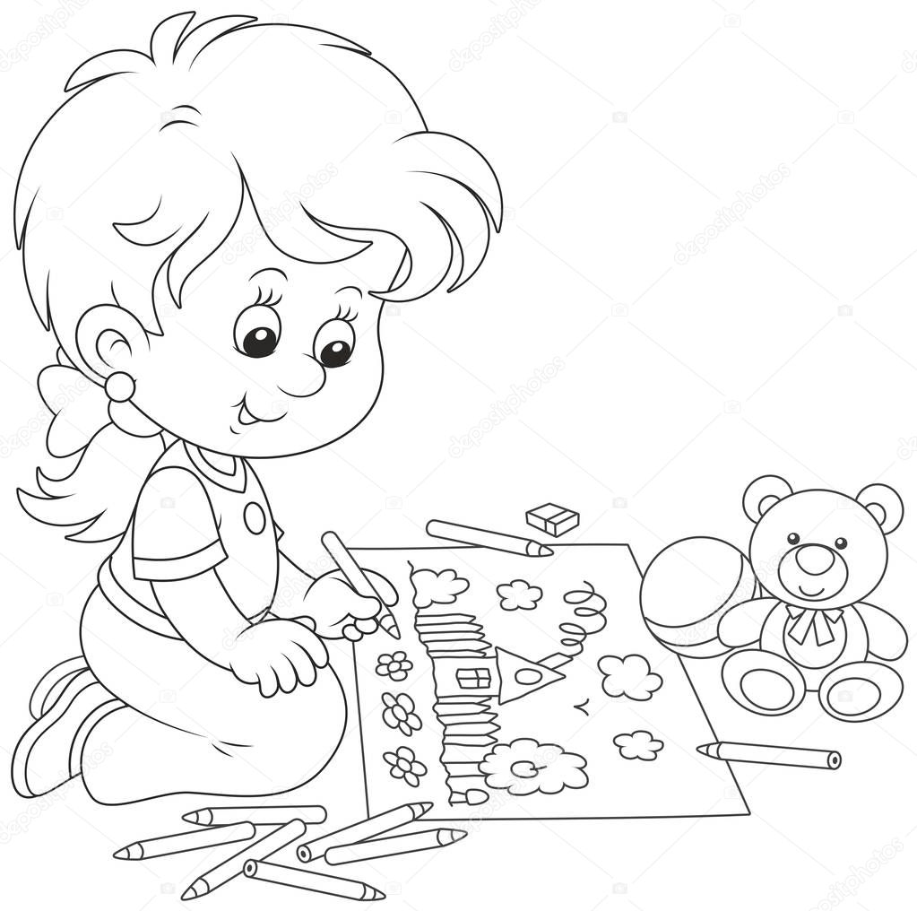 Little girl drawing with pencils a funny summer picture of a small house and flowers, black and white vector illustration in a cartoon style for a coloring book