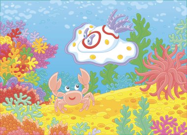 Komik deniz canavarı yumuşakca ve tropikal bir denizde, vektör çizim karikatür tarzı bir resif üzerinde renkli mercan arasında küçük bir yengeç