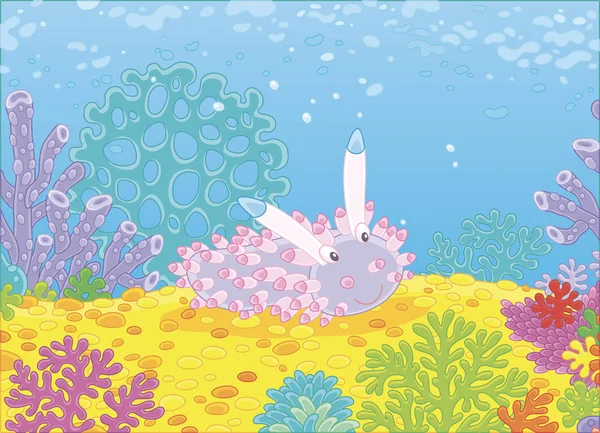 漫画スタイルのベクトル図 熱帯の海のサンゴ礁に色鮮やかなサンゴの中で面白い海モンスター軟体動物 — ストックベクタ