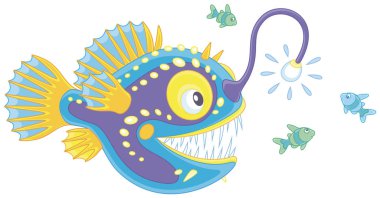 Derin bir deniz üzerinde küçük balıklar, avcılık fener balığı vektör çizim karikatür St