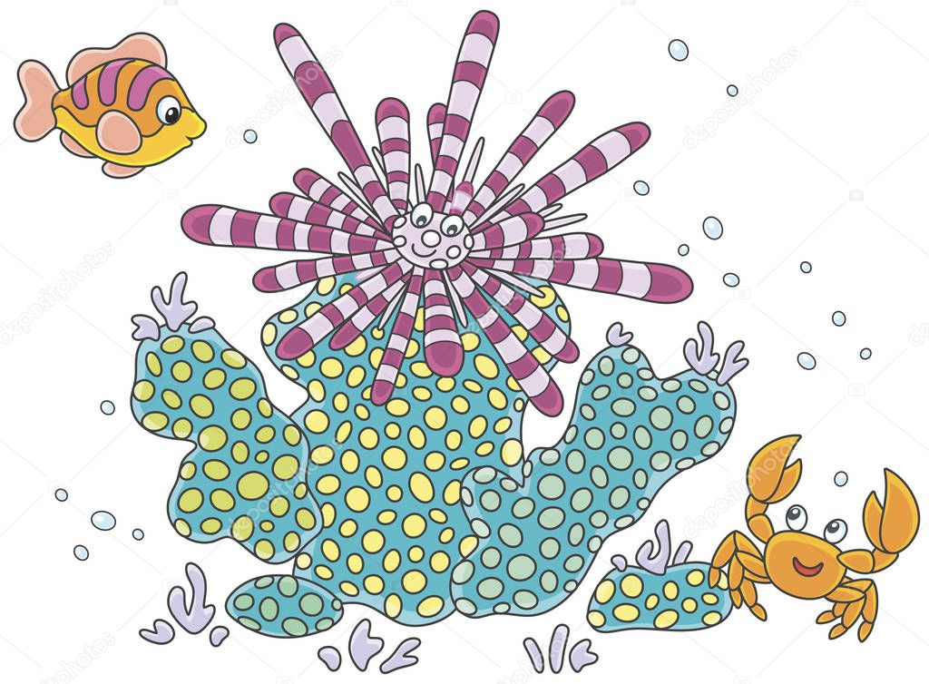 Striped long-spine sea urchin, a funny small crab and a colorful fish among corals, vector illustration in a cartoon style