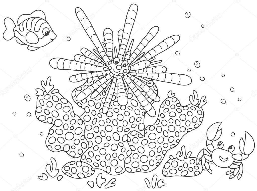 Striped long-spine sea urchin, a funny small crab and a tropical fish among corals, black and white vector illustration in a cartoon style for a coloring book