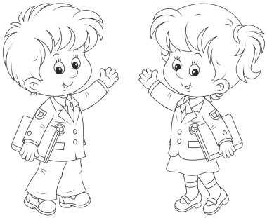 Kız öğrenci ve ders kitapları tutarak ve tebrik, siyah ve beyaz vektör çizim karikatür tarzı içinde ellerini sallayarak öğrenci