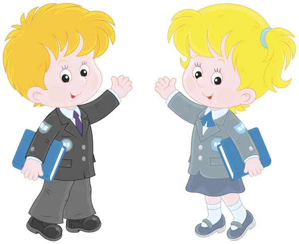 Schoolgirl Schoolboy Holding Textbooks Waving Hands Greeting Vector Illustration Cartoon — Stock Vector