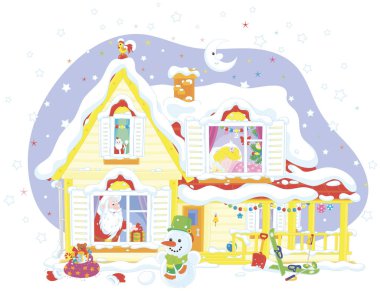 Night before Christmas, Noel Baba hediyeleri için küçük bir kız ile bir karla kaplı ev