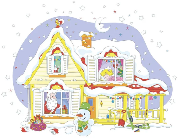 圣诞节前一天晚上 圣诞老人带着他的礼物给一个小女孩在白雪覆盖的房子里 — 图库矢量图片