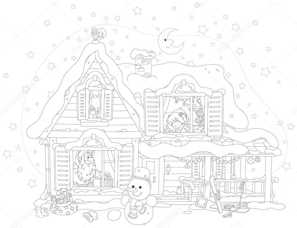 The night before Christmas, Santa Claus with his gifts for a little girl in a snow-covered house, black and white vector illustration