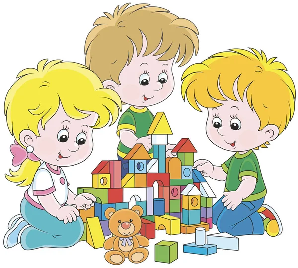 Crianças Pequenas Brincando Com Tijolos Multicoloridos Construindo Castelo Brinquedos —  Vetores de Stock
