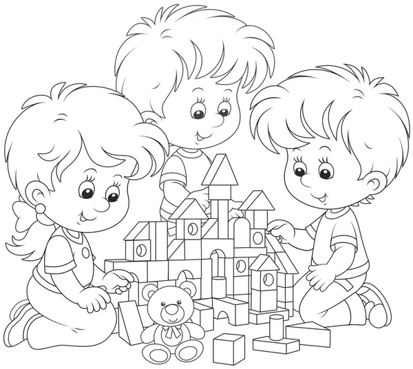 Small Children Playing Bricks Building Toy Castle Black White Vector — Stock Vector