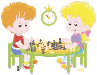 Küçük çocuk satranç, oyun bir karikatür tarzı resimde vektör